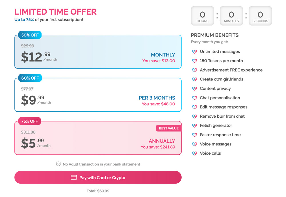 Price list screenshot from dream girlfriend ai